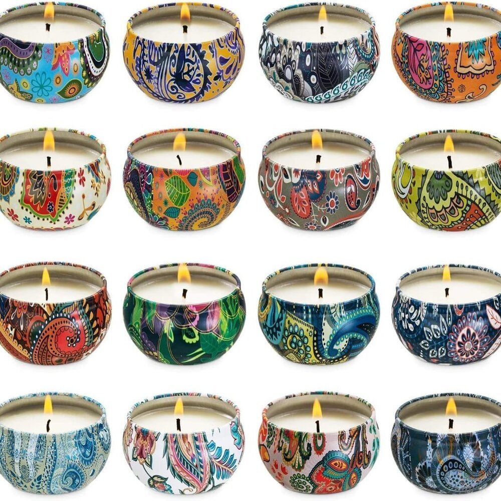 Set of 16 Small Scented Candles Soy Wax Aromatherapy Candles 2.5 OZ Portable Tin